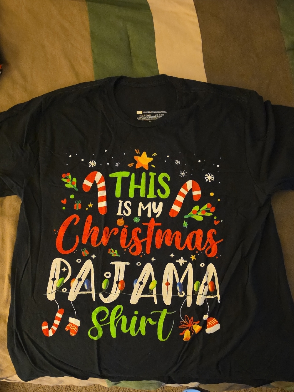 Black Christmas Pajama Shirt with Festive Candy Cane Design